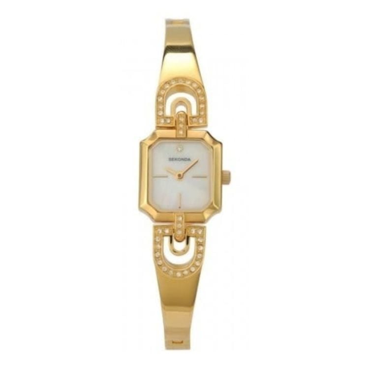 Ladies White Mother Of Pearl Dial Gold Plated Alloy Semi Bangle Watch