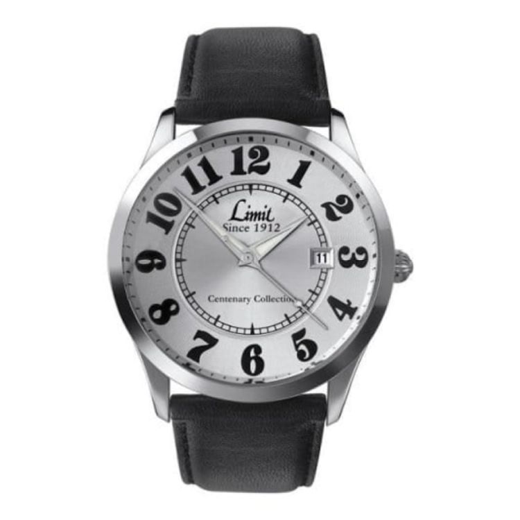 Black Leather Silver Date Display Dial Watch