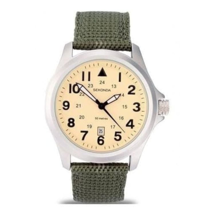 Gents Green Fabric & Beige Dial Strap Watch