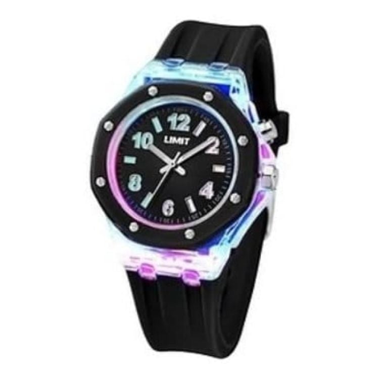 Ladies Strobe Black Rubber Watch With Light Effects