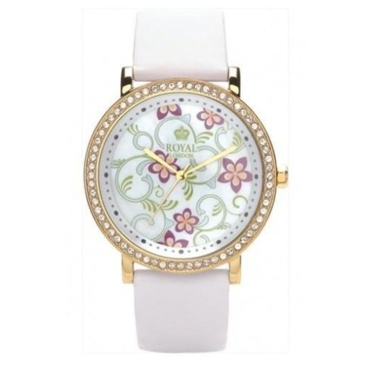 Ladies White Leather Watch With Flowery Dial