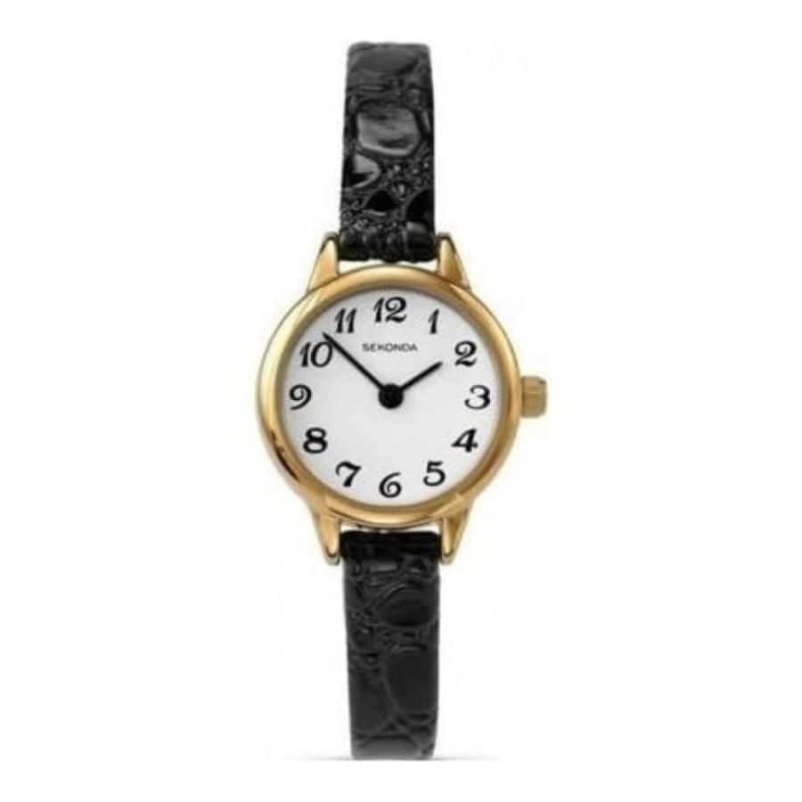 Ladies Petite Gold Plated Bubble Textured Black Leather Watch