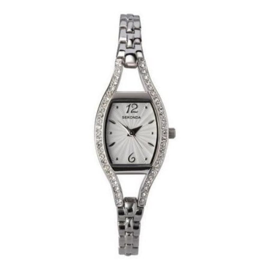 Ladies Stone Set Silvertone Stainless Steel Bracelet Watch