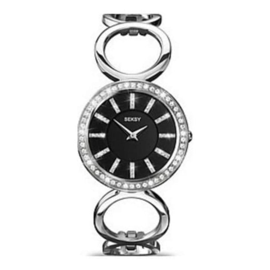 Ladies Black Dial Circular Linked Bracelet Watch