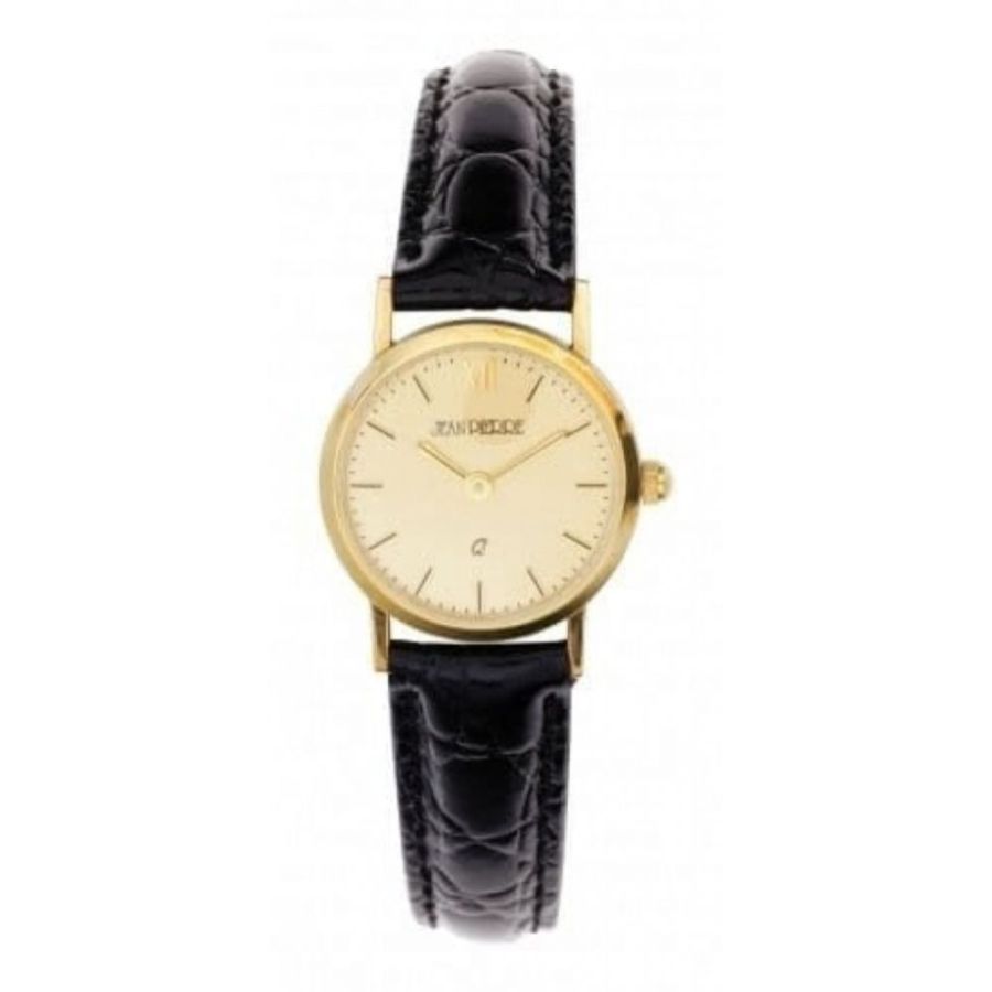 Ladies 9 Carat Gold Champagne Dial Black Leather Wristwatch