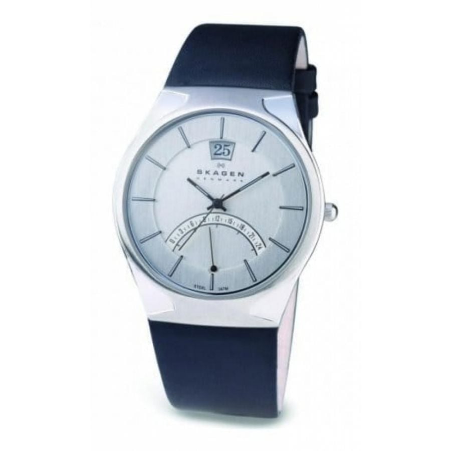 Gents Dual Time Movement Black Leather Strap Watch