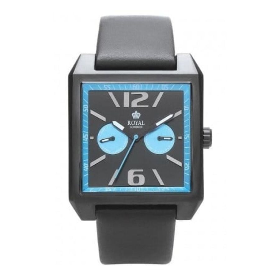 Gents Black Leather Strap Watch With Blue Details