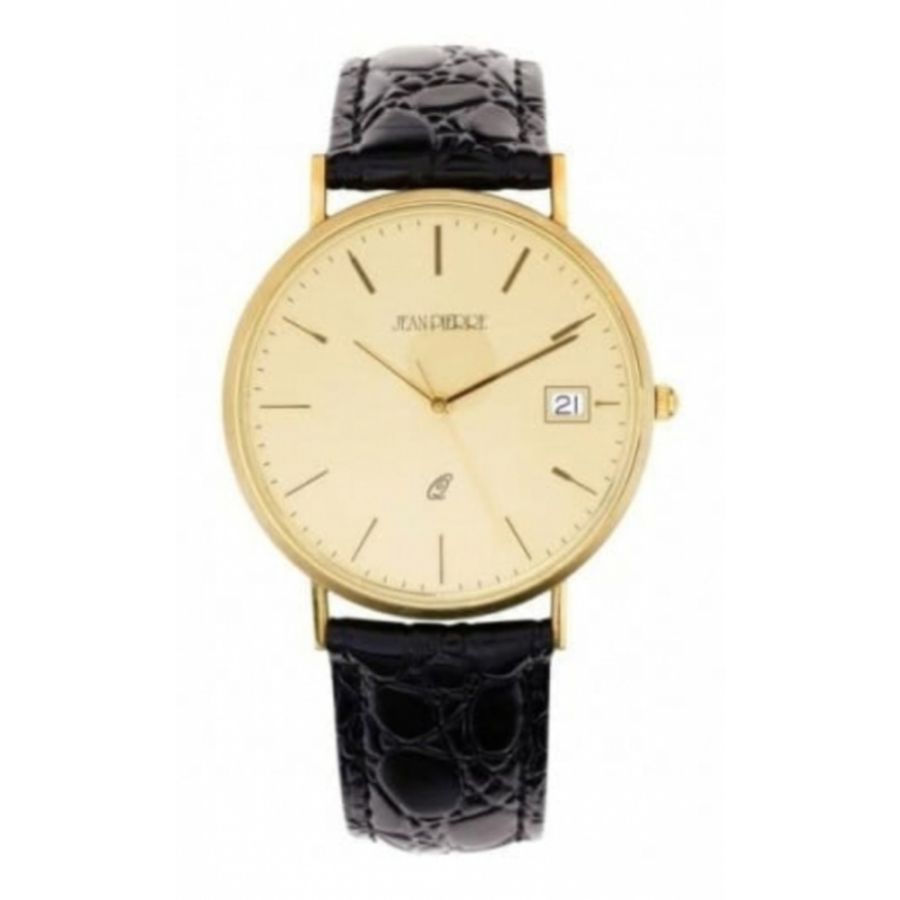 Gents 9 Carat Gold Black Leather Quartz Wristwatch With Champagne Dial