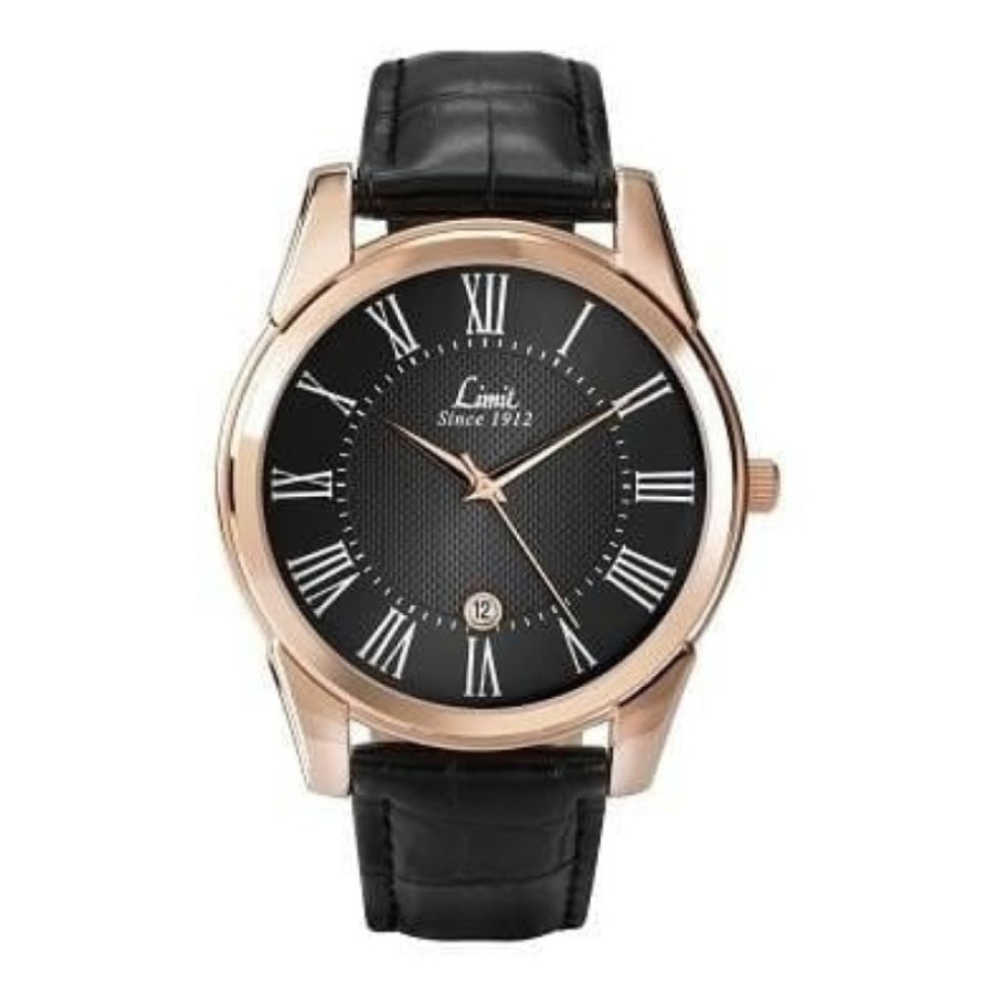 Black Textured Leather Rose Gold Watch