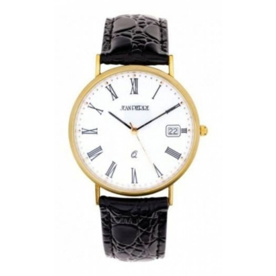 Gents 9 Carat Gold Black Leather Quartz Wristwatch With Roman Numerals