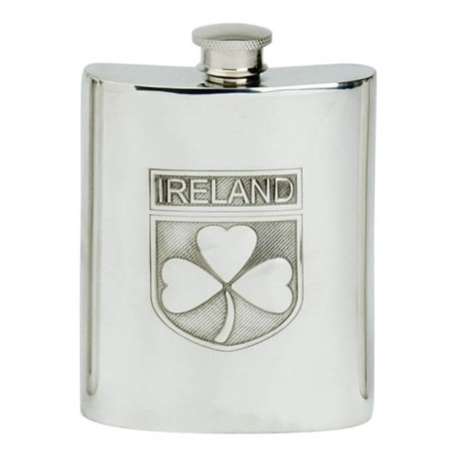 6oz Stamped Ireland Badge Pewter Hip Flask