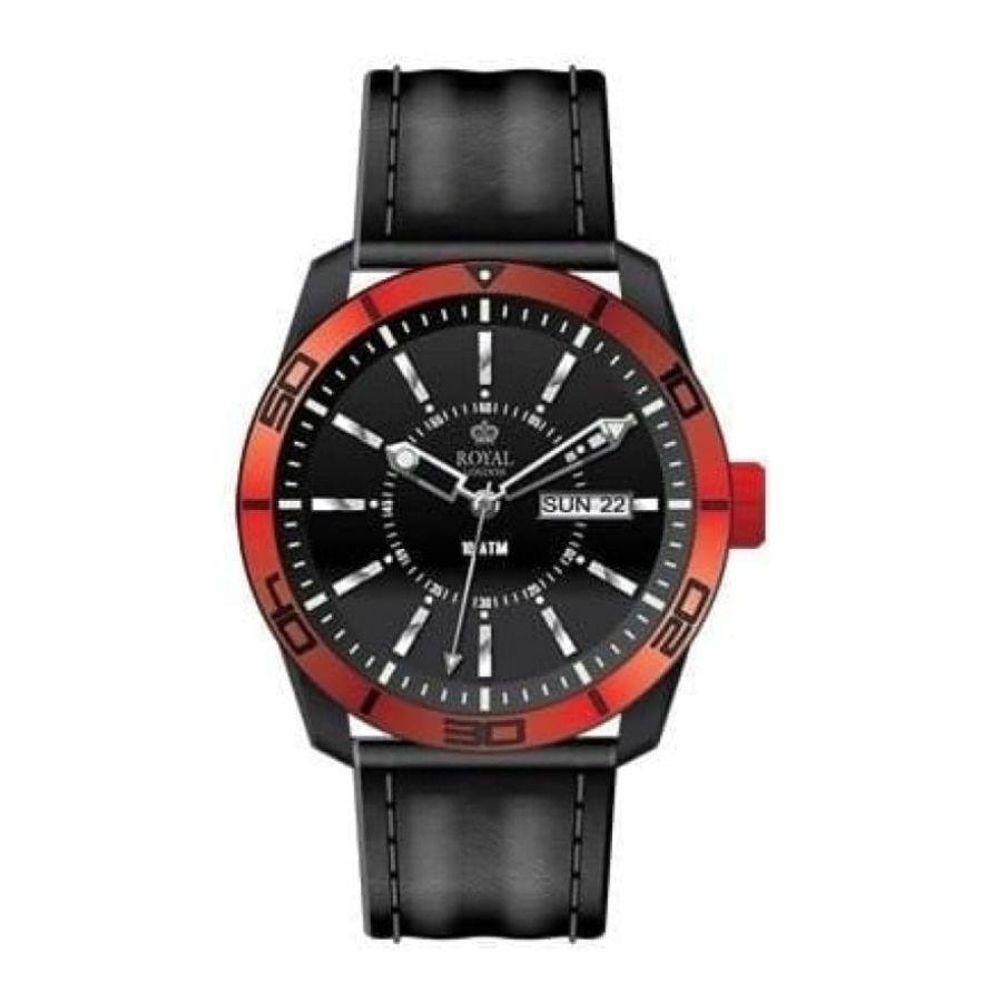 The Challenger Gents Red Bezel Black Leather Watch