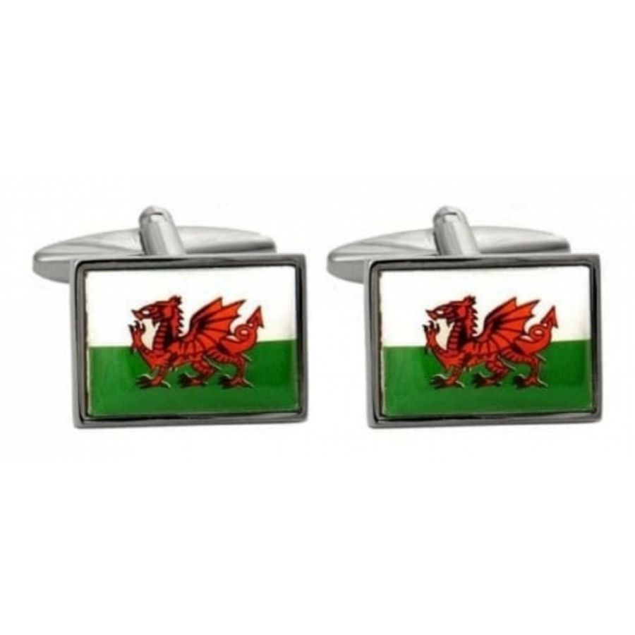 Rhodium Plated Welsh Flag Dragon Cufflinks