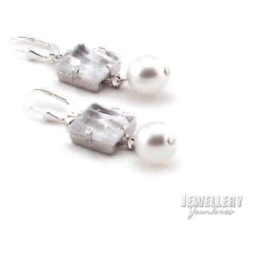 Ladies Silver Swrovski Crystal Pearl Drop Earrings