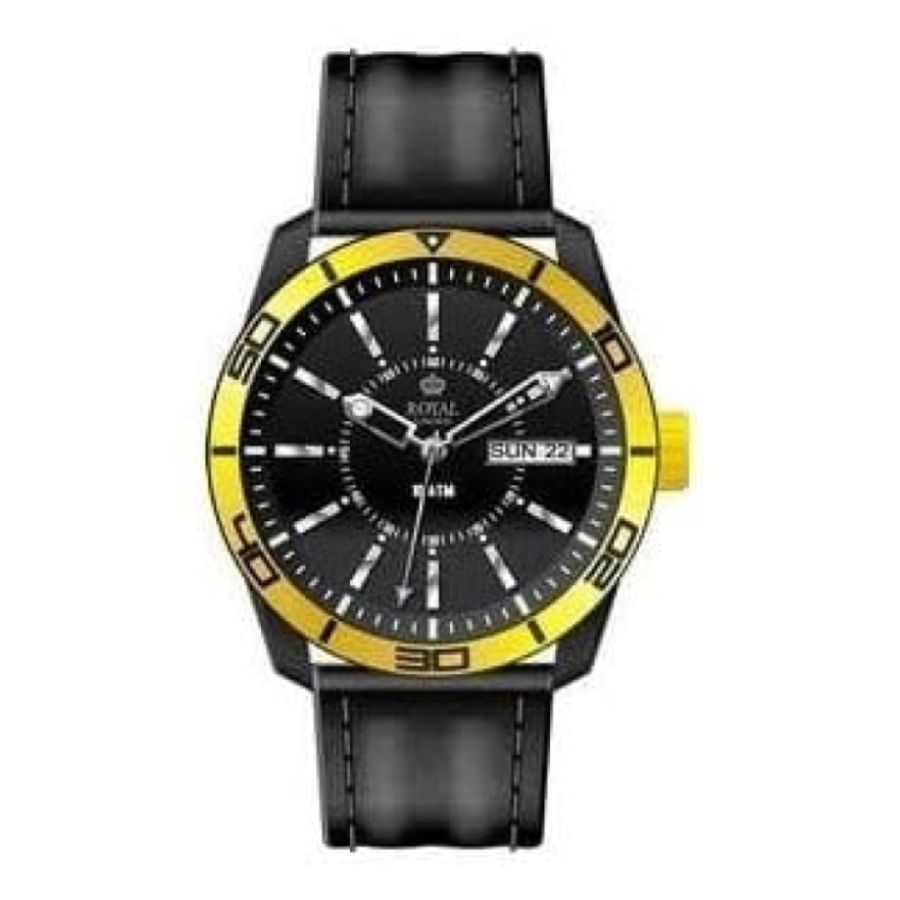 The Challenger Ladies Yellow Bezel Black Leather Watch