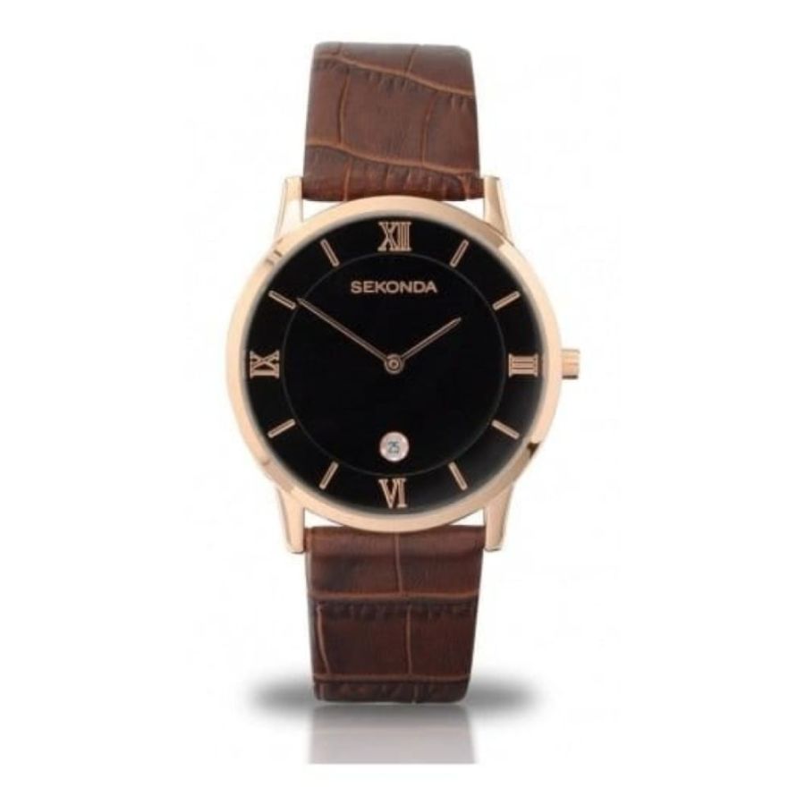Gents Brown Textured Leather & Rose Gold Numerals Watch
