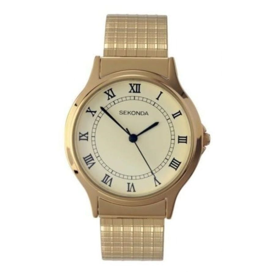 Gents Gold Plated Polished Quartz Analogue Expander Bracelet Watch