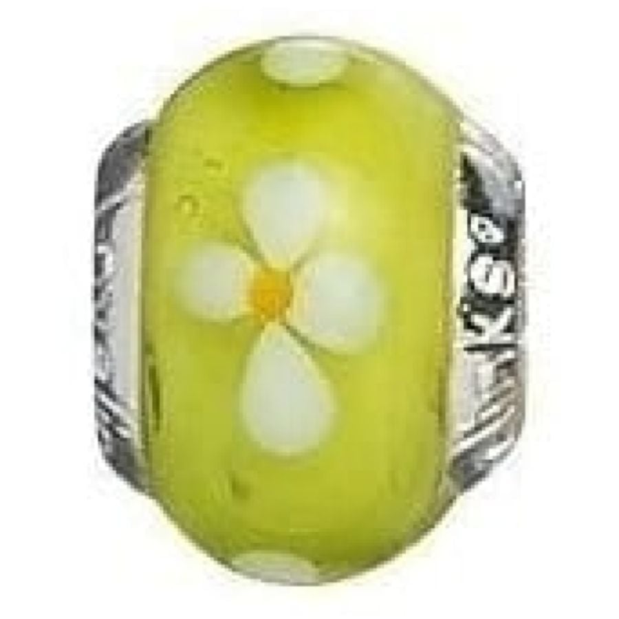 Sterling Silver White Flowers With Lime Murano Glass Link