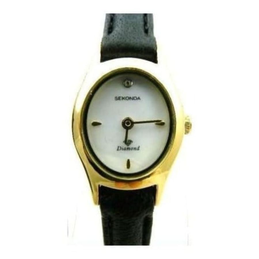 Ladies Black Leather Mother Of Pearl Strap Watch
