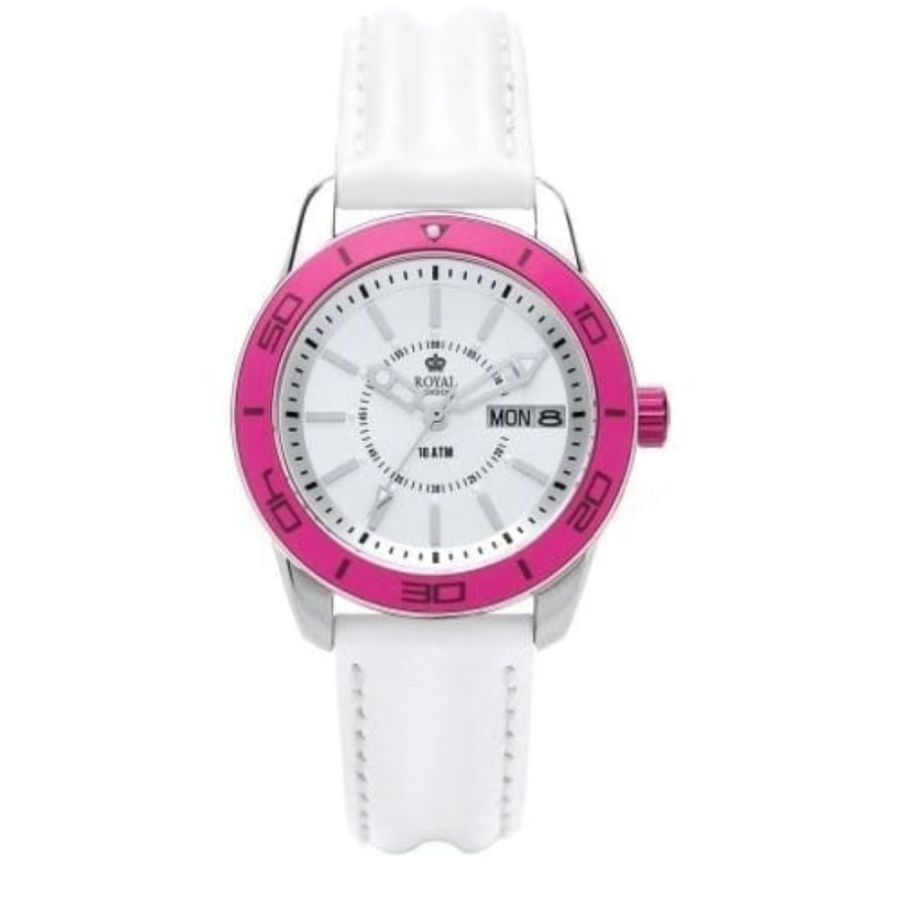 The Challenger Ladies Pink Bezel White Leather Watch