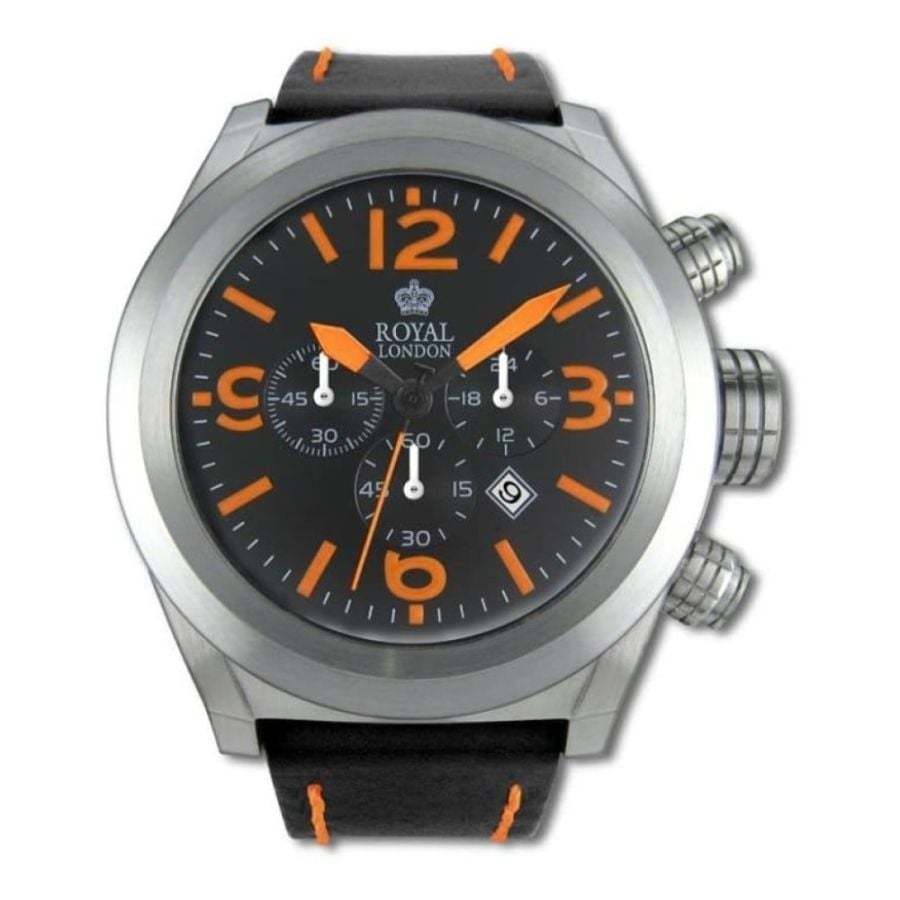 Gents Chronograph Stainless Steel And Black Leather Wristwatch