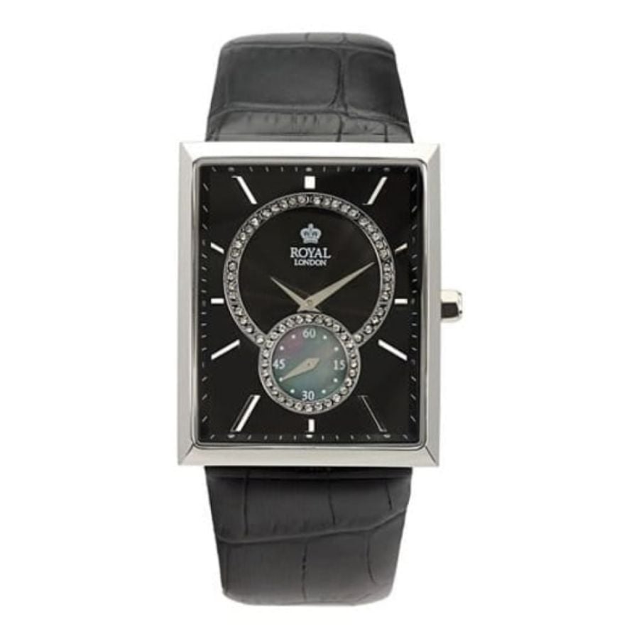 Ladies Stainless Steel And Black Leather/Face Adjustable Strap Watch
