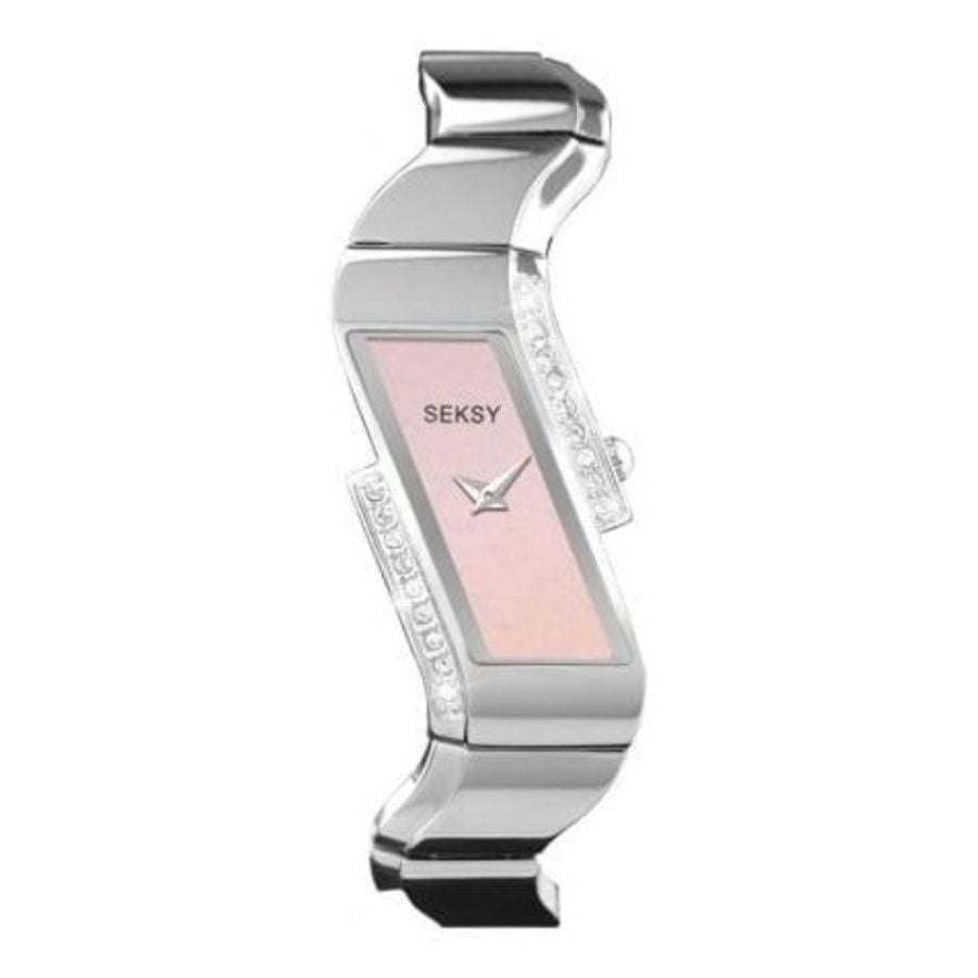 Ladies Wave Polished Stainless Steel Pink Precious Stone Bracelet Watch